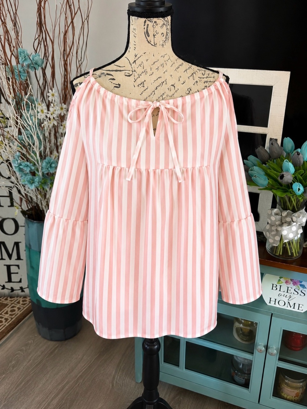 Andthewhy Striped Pink Off-Shoulder Peasant Tunic with Tie Neck Small